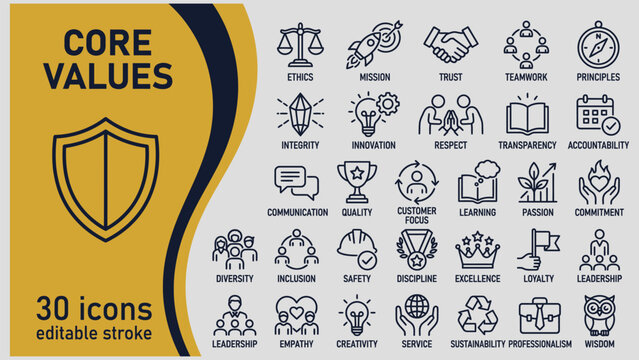 Business core values and principles icons set with editable stroke and gray background