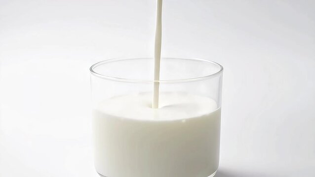Milk Pouring into Clear Glass on Clean White Background Slow Motion