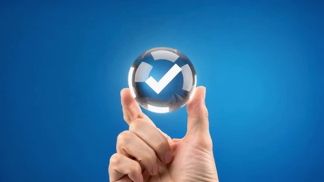 Hand holding glowing glass sphere with checkmark symbol representing success and trust in business technology