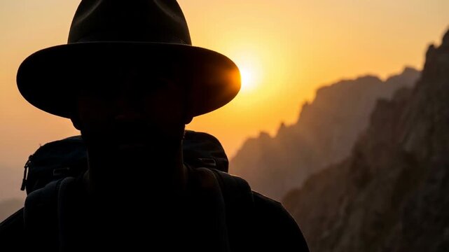 Silhouette of a hiker with hat and backpack against a mountain sunset scenic view
