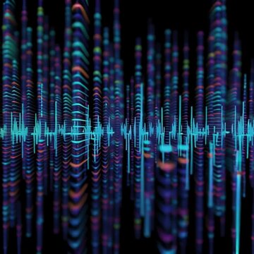 Dynamic abstract digital audio equalizer visualizer displaying vibrant sound waves continuously moving and fluctuating on a dark background motion video clip.