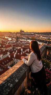 Image shows woman overlooking Prague cityscape at sunset, rooftops, river, and bridges, representing travel, exploration, or contemplation on city beauty