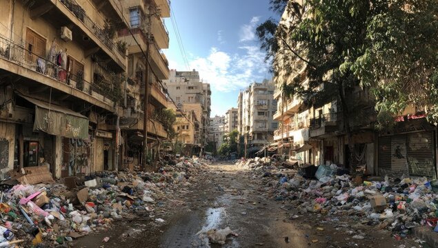 Devastated City Street Littered with Rubble and Debris Under a Clear Sky.