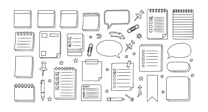 Simple doodle note elements vector set with hand drawn outline sticky notes checklist and stationery icons isolated on white