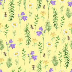 Fototapeta premium Seamless pattern of forest flowers, plants and bees yellow