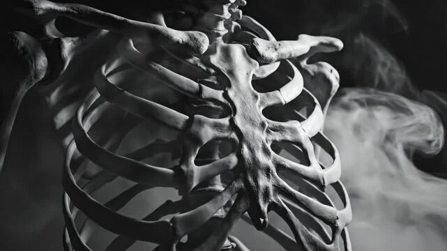 Black and white close-up of a human skeleton chest cavity with atmospheric smoke in a dark setting