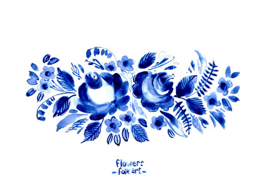 Hand drawn watercolor blue floral decor. Folk art decorative elements with flowers leaves branches. Gzhel chinaware pattern. Traditional ornamental background