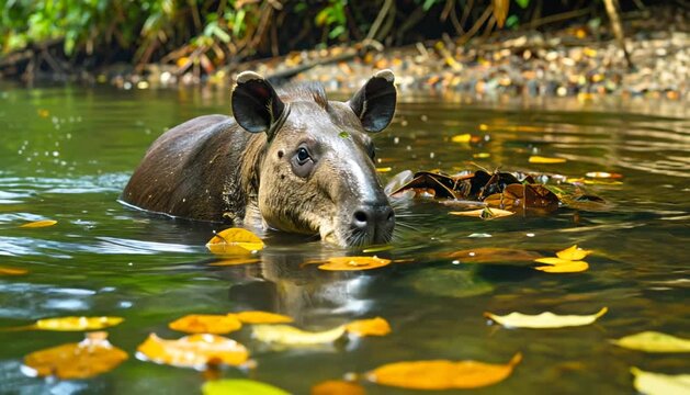 Wild Tapir Standing in a Pond with Fallen Autumn Leaves