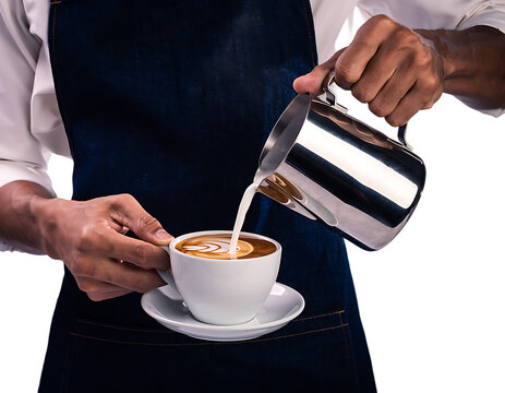Barista Carefully Pouring Steamed Milk into Freshly Brewed Coffee Cup on Transparent Background PNG