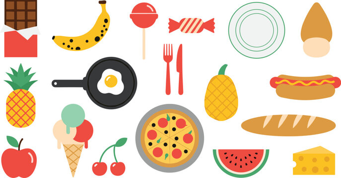 Fast food and snacks set with pizza, hotdog, ice cream, chocolate and fruits in colorful flat cartoon vector illustration style