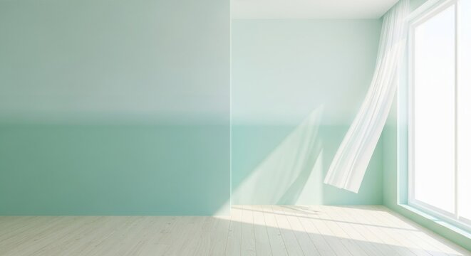 Washed out mint green painted walls in a breezy interior room with soft light and flowing fabric
