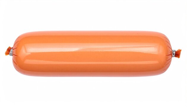 A single, plump, juicy sausage in a bright orange casing, tied off at both ends with visible ties, isolated on a clean white background