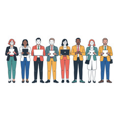 Obraz premium Business people vector illustrations holding laptops and papers in office attire
