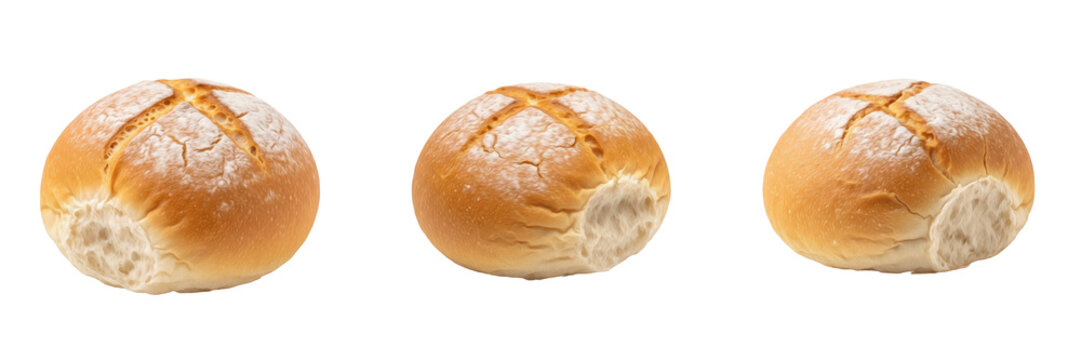 Freshly Baked Golden Brown Crusty Bread Roll Isolated on White Background - Delicious Gourmet Bakery Product for Sandwich, Breakfast, Snack, and Artisan Food Catering Photography