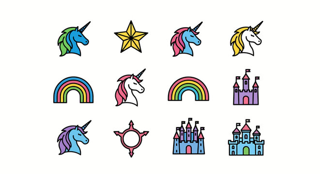 unicorn icons with rainbow castle star symbol for kids branding