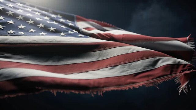 Close up of gently waving American flag with detailed fabric texture and shining stars in bright daylight