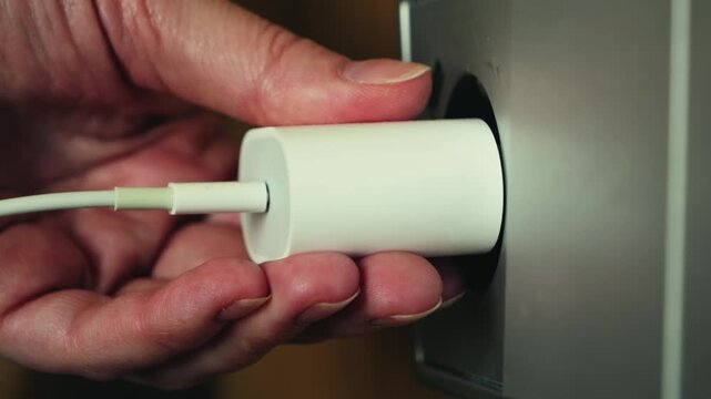 Close up of hand unplugging charger from wall outlet, electricity usage and energy saving concept. High quality 4k footage