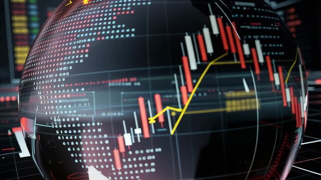 Futuristic trading floor with glowing glass spheres reflecting vibrant cryptocurrency market activity