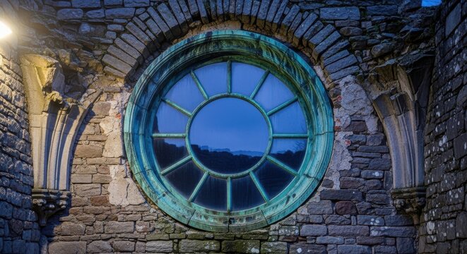 Antique round attic window with verdigris-coated copper frame set into weathered stone wall