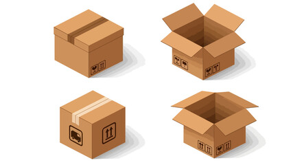 Fototapeta premium Four brown cardboard boxes in various states on a white background