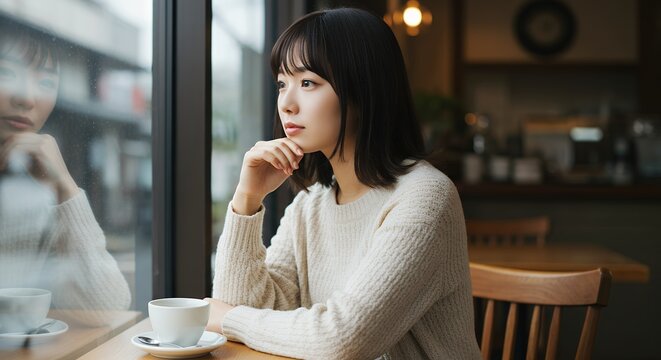 カフェのテーブルで外を見る女性