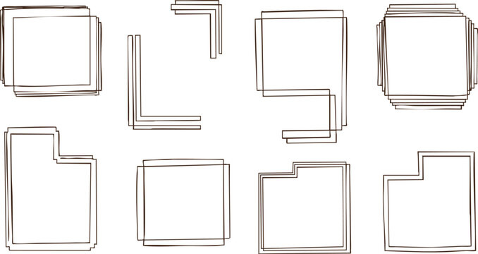 Vintage style square doodle frames, hand drawn rough borders with abstract geometric shapes