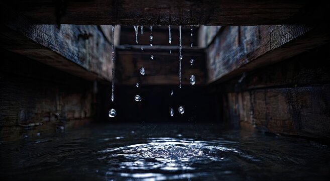 Dark Underground Tunnel with Dripping Water and Reflective Surface.