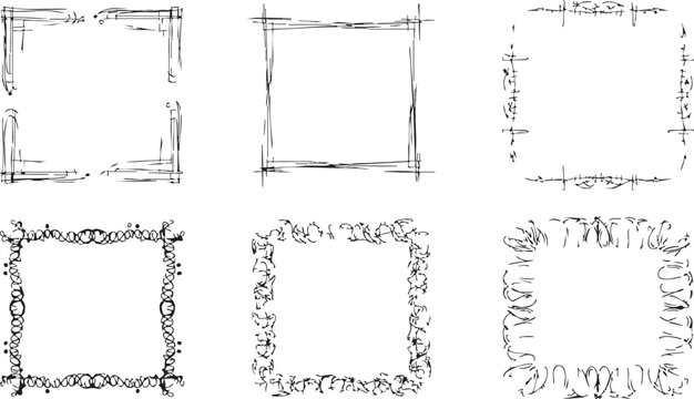 Vintage style square doodle frames, hand drawn rough borders with abstract geometric shapes