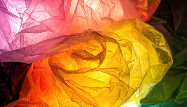 Dynamic and abstract view of translucent, crinkled plastic sheets bathed in a spectrum of vibrant colors, creating a unique textured background that emphasizes light interplay and material composition
