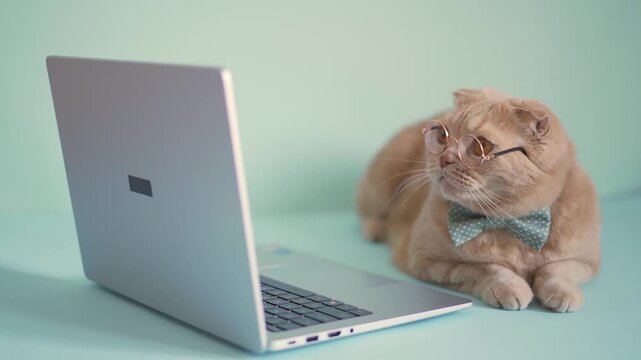 Cute cat with glasses and bow tie using laptop indoors for creative work concepts, humorous pet video, remote work theme, cat reading on laptop, distant education online courses