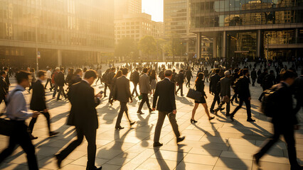 Commuters walking through sunlit urban plaza with motion blur