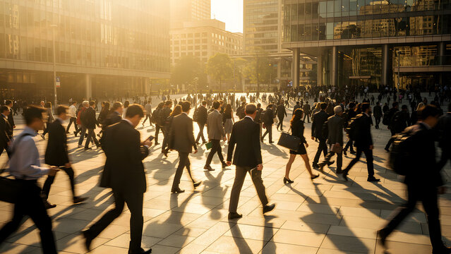 Commuters walking through sunlit urban plaza with motion blur
