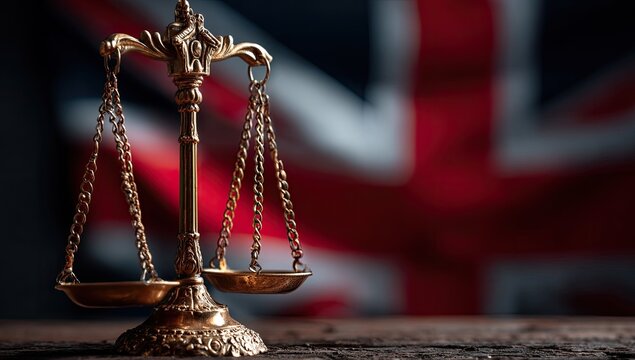 Symbol of Justice Scales of Law in Front of the Union Jack Flag.