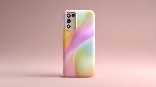 Gradient-colored smartphone case with multiple cameras against a vibrant pink backdrop