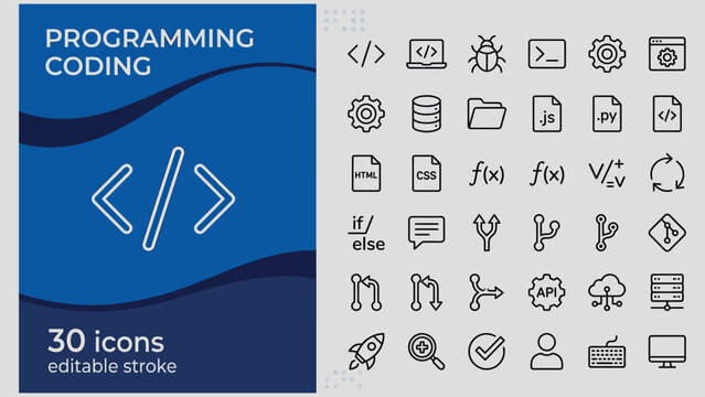 Collection of line icons for programming coding and web development concepts on gray and blue backgrounds