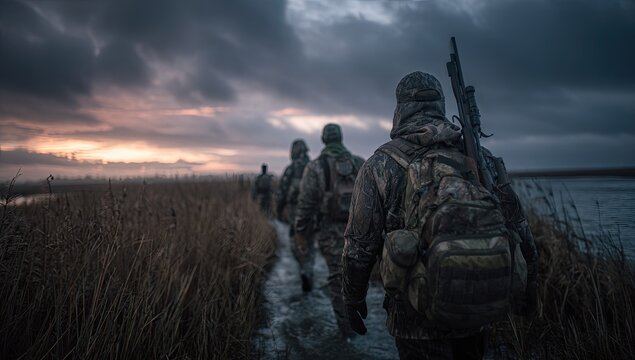 Duck hunters walking through marsh at sunrise.