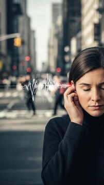 A young woman covering her ear, overwhelmed by intense, disruptive urban noise pollution, highlighting hearing problems, auditory sensitivity, and the impact of city sounds on well-being