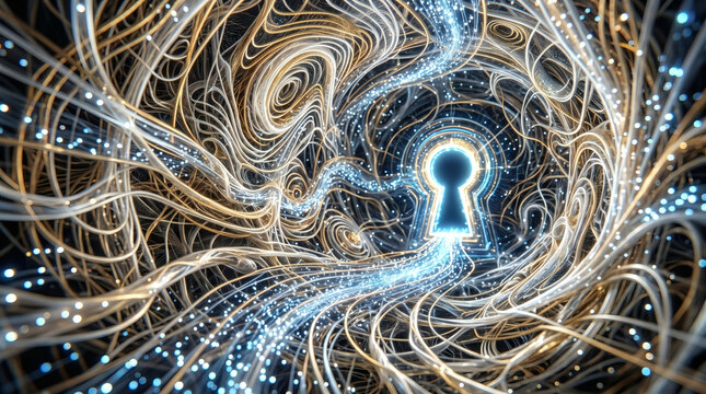A glowing keyhole at the end of a digital tunnel made of swirling golden and blue data lines. Conceptual representation of cyber security, encryption, and data protection.