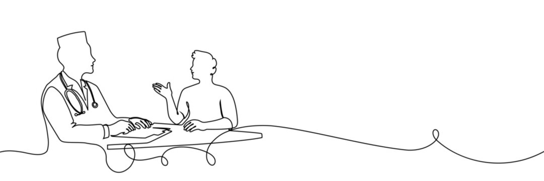 Continuous one line doctor patient drawing medical health nurse people. Doctor patient hospital art care check help clinic heart woman examination tooth stroke laboratory height evaluation insurance