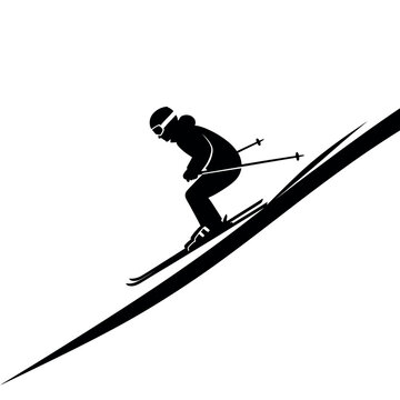 Silhouette of a skier descending a slope.