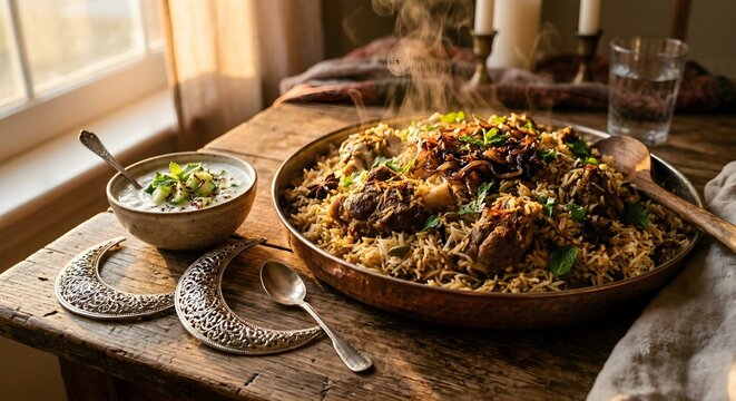 Traditional Steaming Biryani Platter on Rustic Wood Table with Crescent Moon Decor