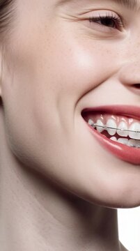 Close Up Portrait Beautiful Woman With Dental Braces Studio Lighting White Background 4K Detail