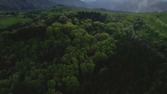 Aerial video of the green mountains and forest landscapes surrounding Bilbao in northern Spain. Scenic countryside with rolling hills, trees, rural fields and dramatic natural horizon. High quality 4k