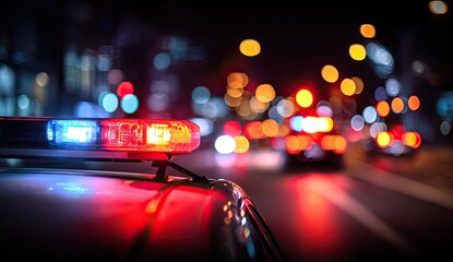 Fototapeta premium Police Car Lights Flashing at Night on City Street.
