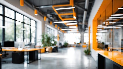 Fototapeta premium Modern Open Plan Office Interior with Natural Light and Orange Accents.
