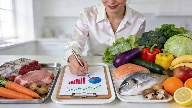 Business woman analyzing budget for healthy groceries writing notes on clipboard with food charts planning diet expenses comparing fresh meat vegetables and fruits costs nutrition