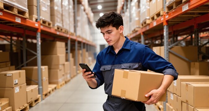 Young male warehouse worker using smartphone and carrying a box

