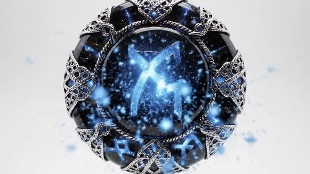 Glowing Runic Pendant With Sparkle. Elegant Blue Rune Pendant Illuminated By Swirling Stardust Particles. Fantasyinspired Jewelry Piece Featuring Luminous Sigil Encased In Intricate Metalwork