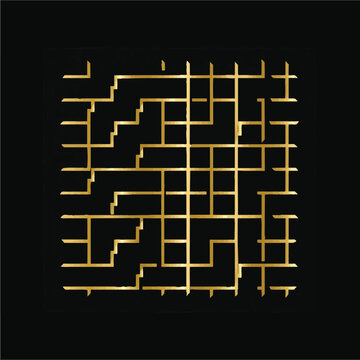 Golden geometric maze pattern on black background featuring luxury grid lines and modern metallic circuit texture.