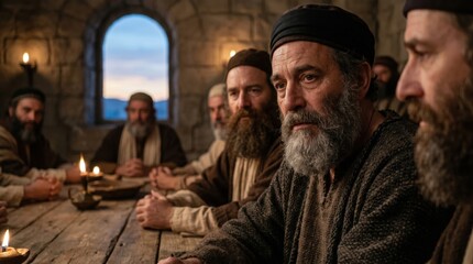 Obraz premium Saint Peter and John preaching Jesus Christ before elders and high priests in Jerusalem. Biblical scene showing apostles discussing faith and religion in ancient chamber with candles.